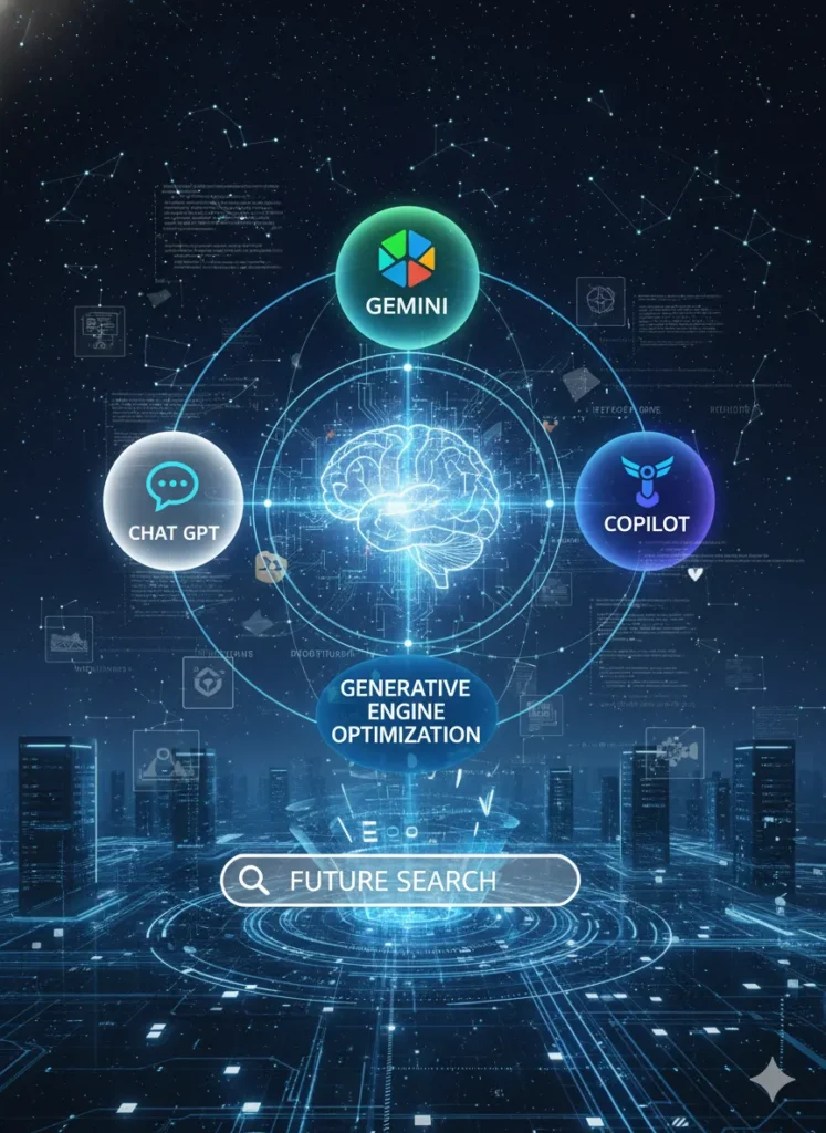 Futuristic digital interface visualizes Generative Engine Optimization with Gemini, Copilot, and ChatGPT powering future search.
