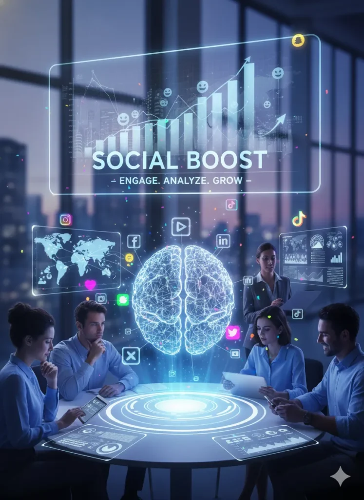 Team collaborates at a digital table, analyzing social media metrics and AI insights for social boost and marketing growth.