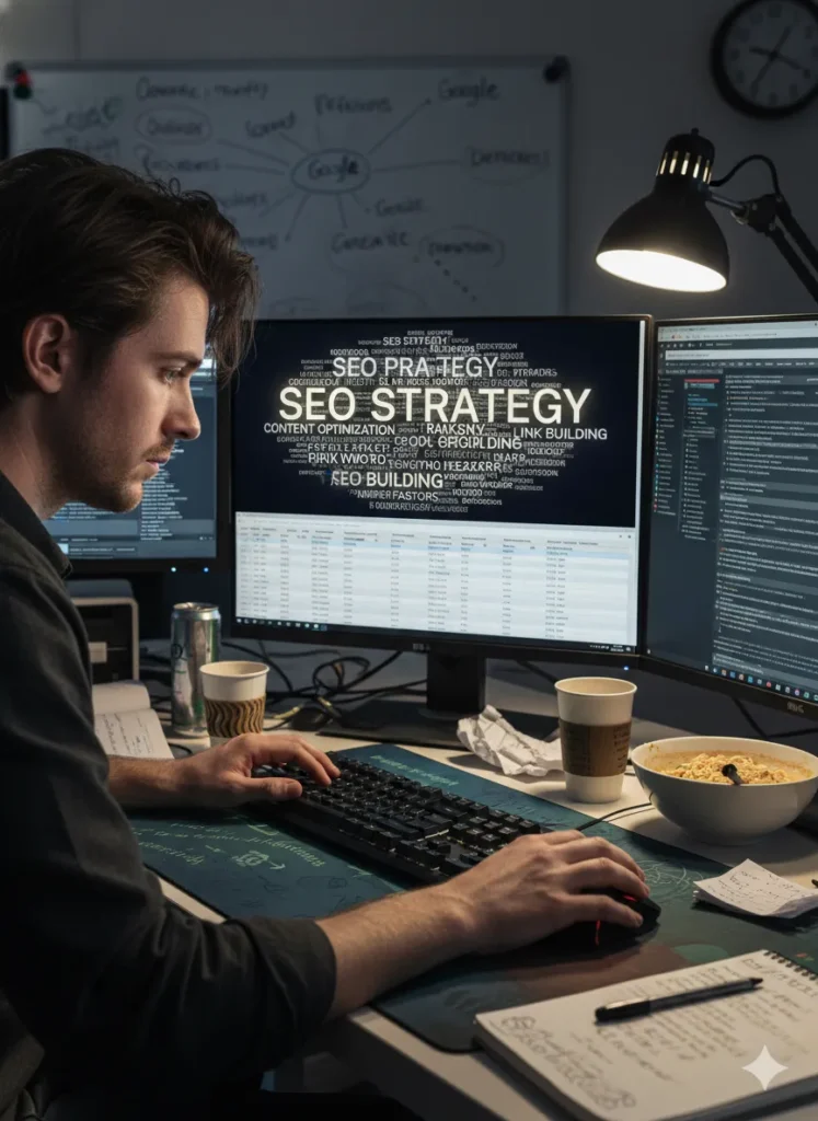 SEO specialist strategizing at a cluttered desk with dual monitors, keyword maps, notebooks, and coffee, focused on digital marketing.