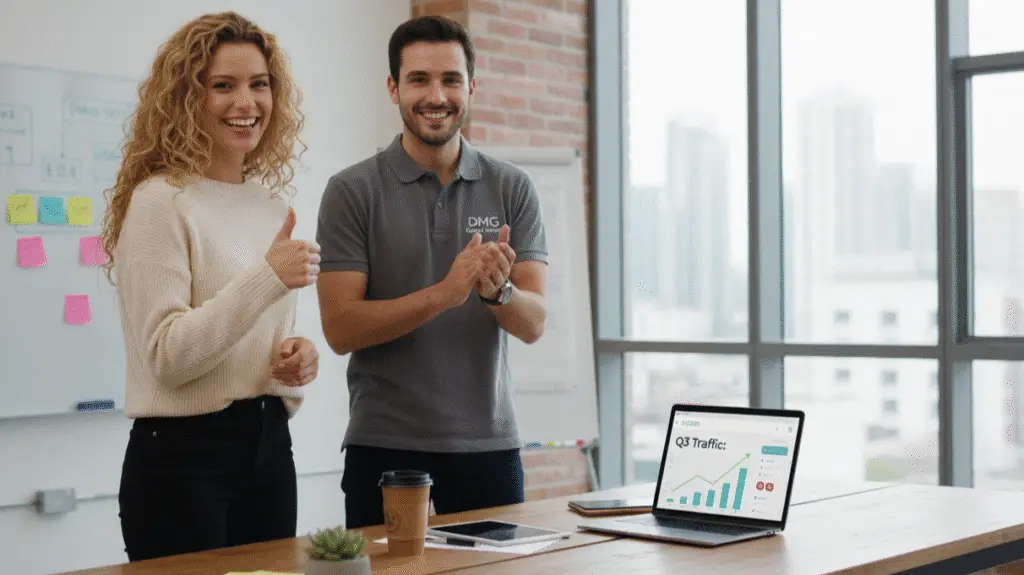 Two digital marketers in a modern office discuss Q3 traffic growth, with analytics charts on a laptop and strategy notes on a whiteboard.