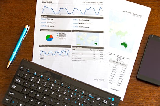 About Flatlay of a business analytics report, keyboard, pen, and smartphone on a wooden desk.