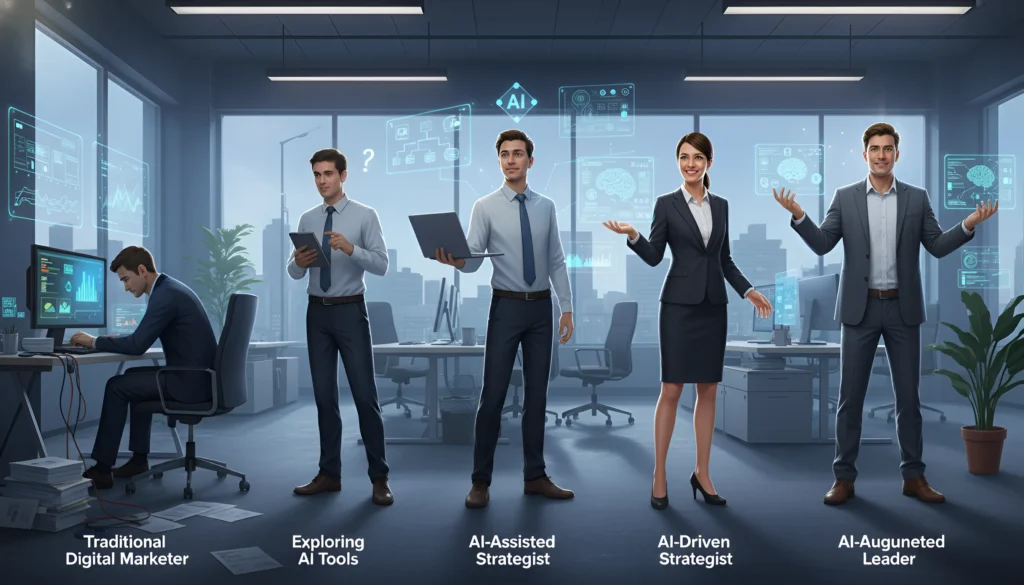 Five marketers in a modern office, illustrating the evolution from traditional roles to AI-augmented leadership in digital marketing.
