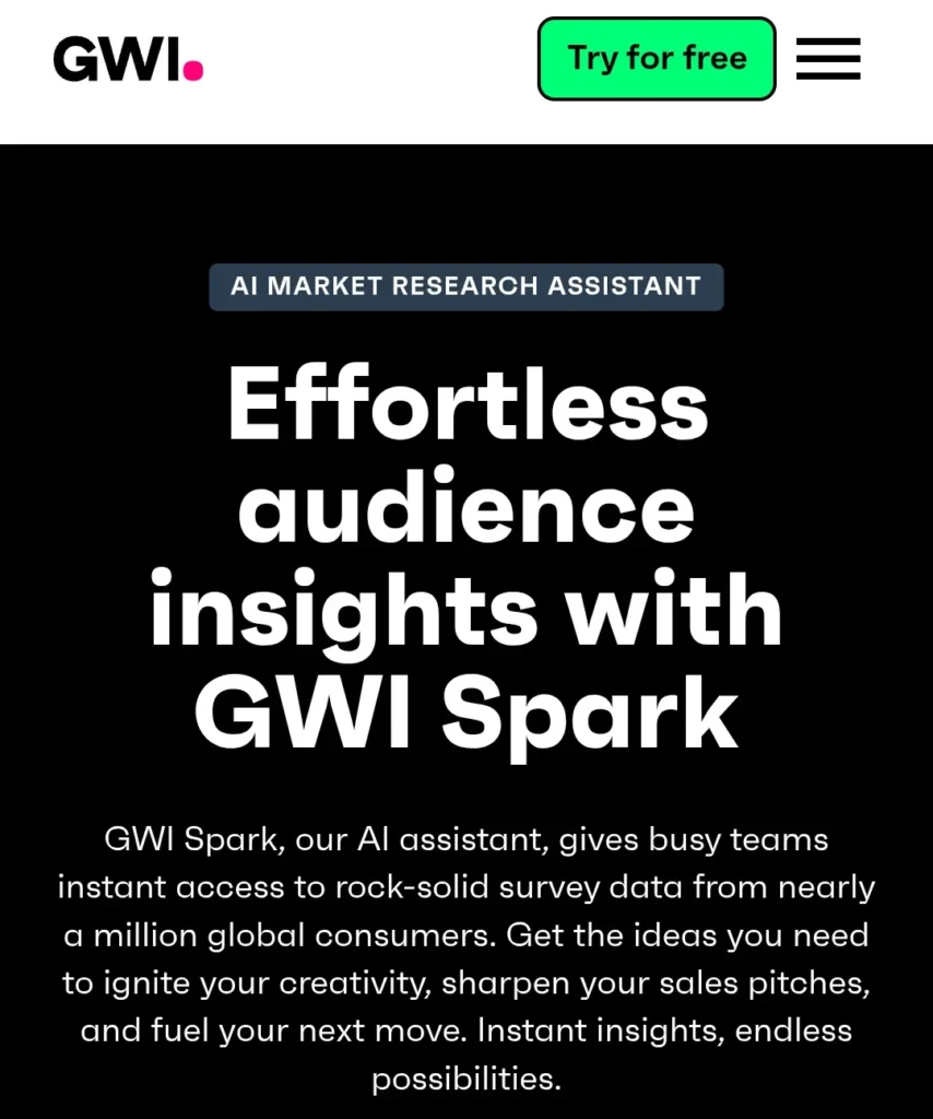 Effortless audience insights with GWI Spark AI tool, highlighting instant global survey access for creative marketing teams