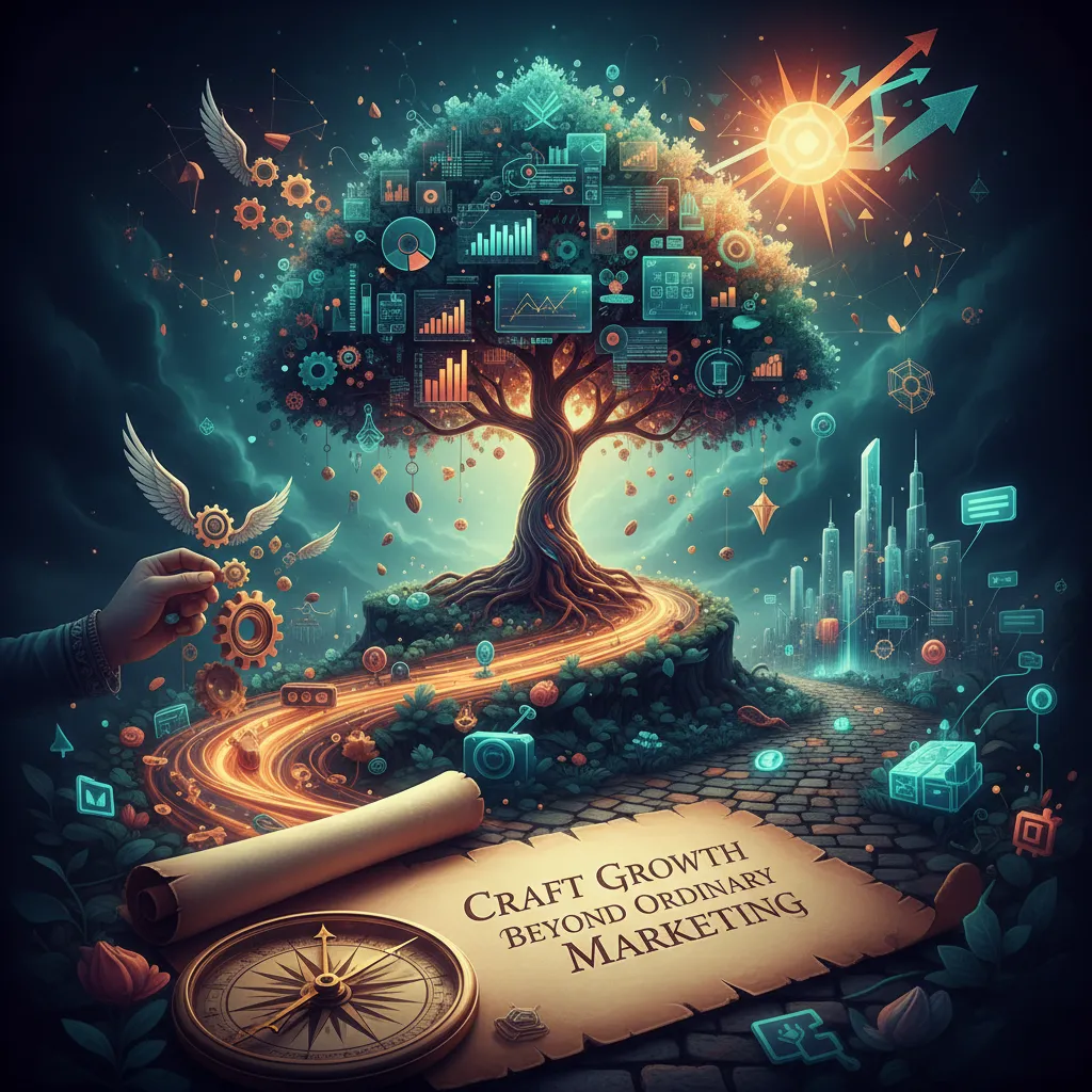 A magical tree of data and charts illustrates creative digital marketing, with a glowing path and “Craft Growth Beyond Ordinary Marketing.”